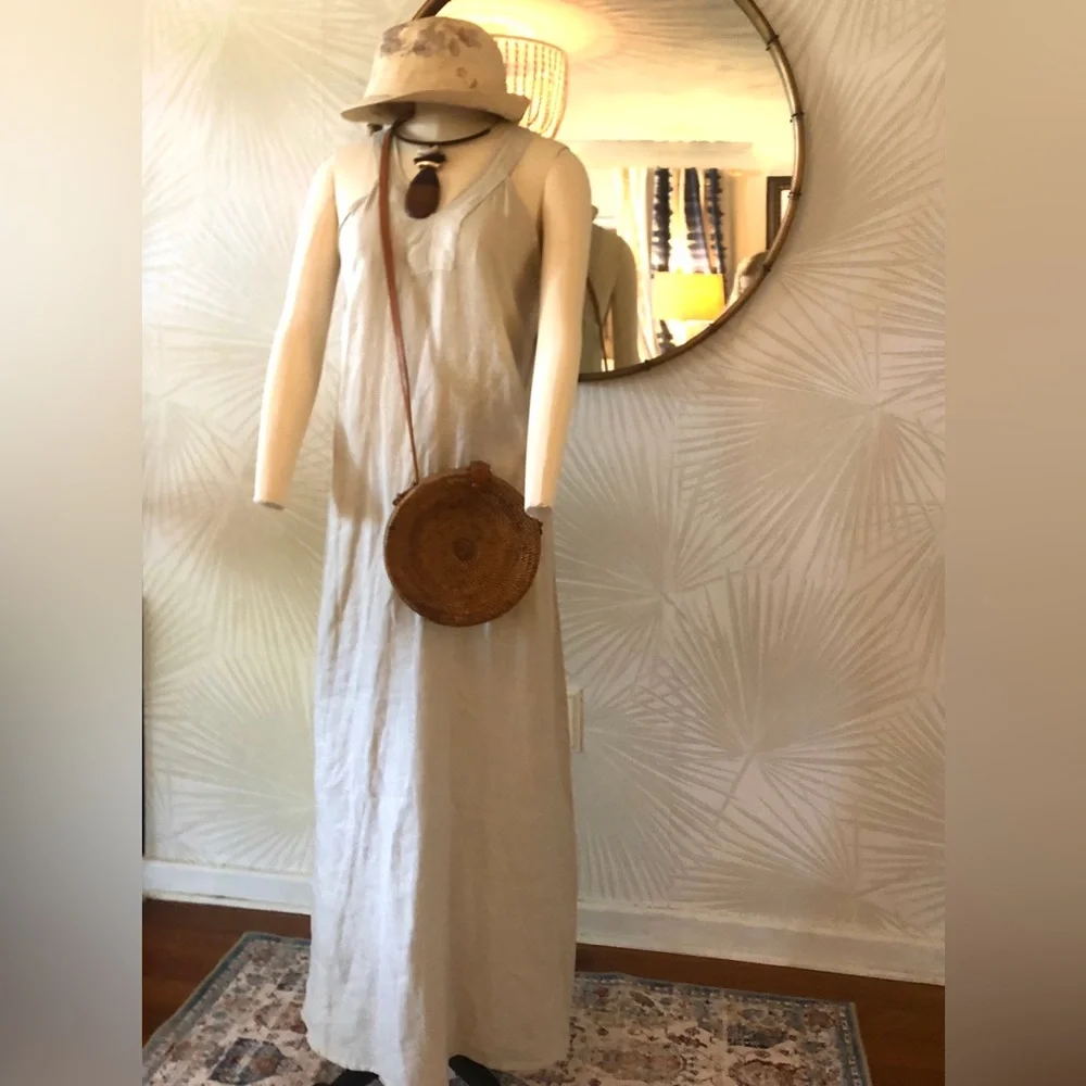 Straw Studios Round Straw and Leather Woven Crossbody Bag in Tan